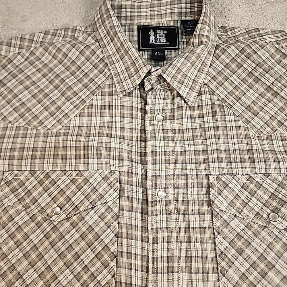 Rock Creek Ranch Western Pearl Snap Shirt Mens 2XL Tan Brown Plaid Short Sleeve